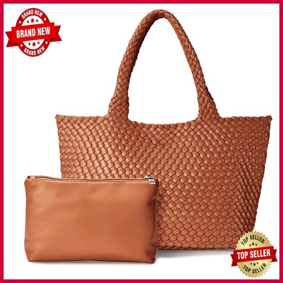 Large Vegan Leather Woven Tote Bag with Inner Zipper Pouch